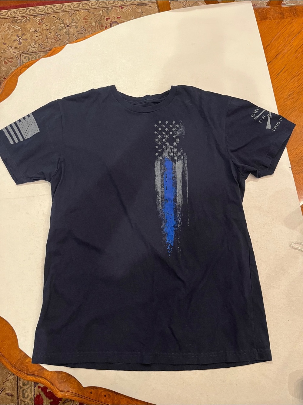 Grunt Style Navy Short-Sleeve Tee with Thin Blue Line Flag. GUC!